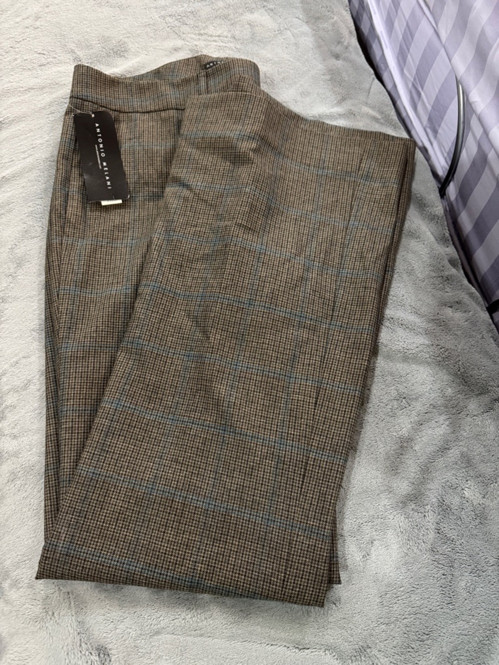 NWT ANTONIO MELANI Brown Plaid Dress Pants with Blue Windowpane
